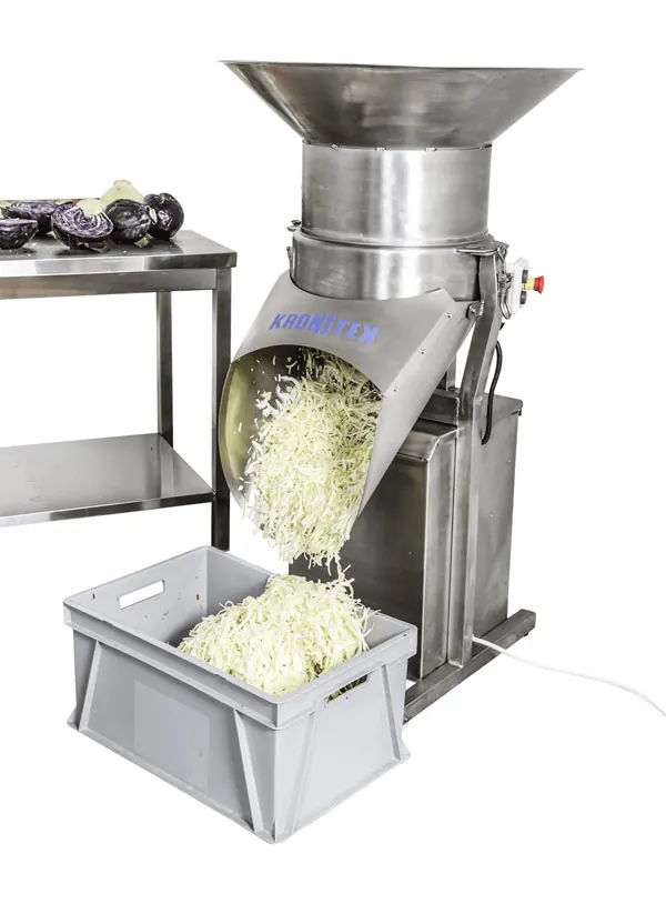 Kronitek S40 shredding cabbage into a crate